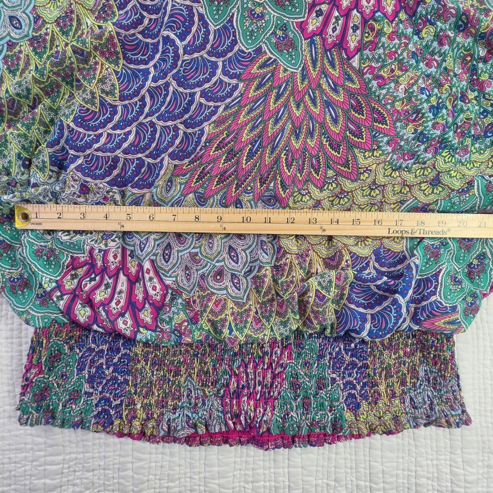Chaus Womens Peacock Paisley Smocked Hem Flutter Sleeve Blouse Pink Purple XL - Picture 7 of 13